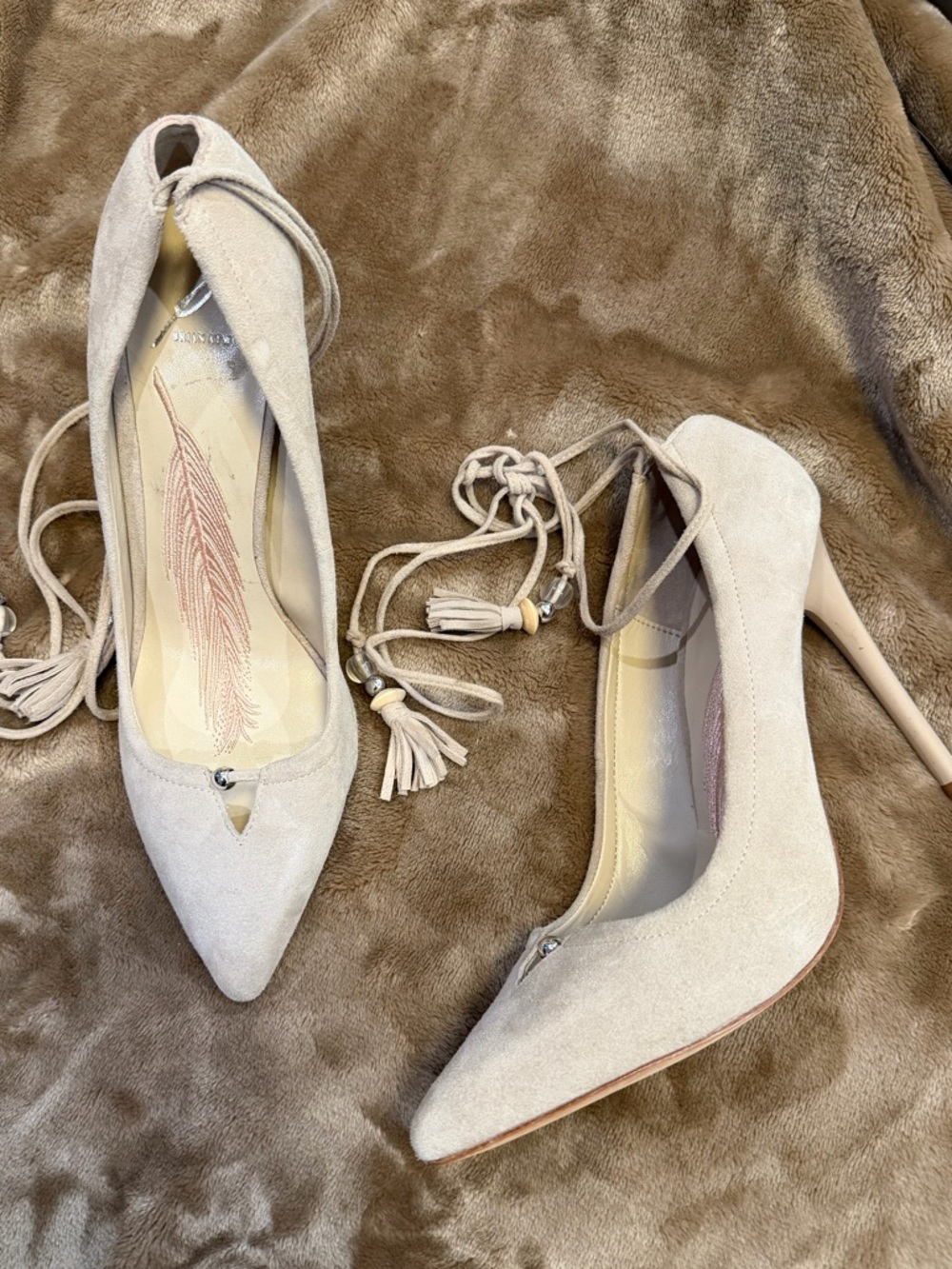 NWOT B By Brian Atwood Suede Pointed Toe Lace-Up High Heels in Light Beige